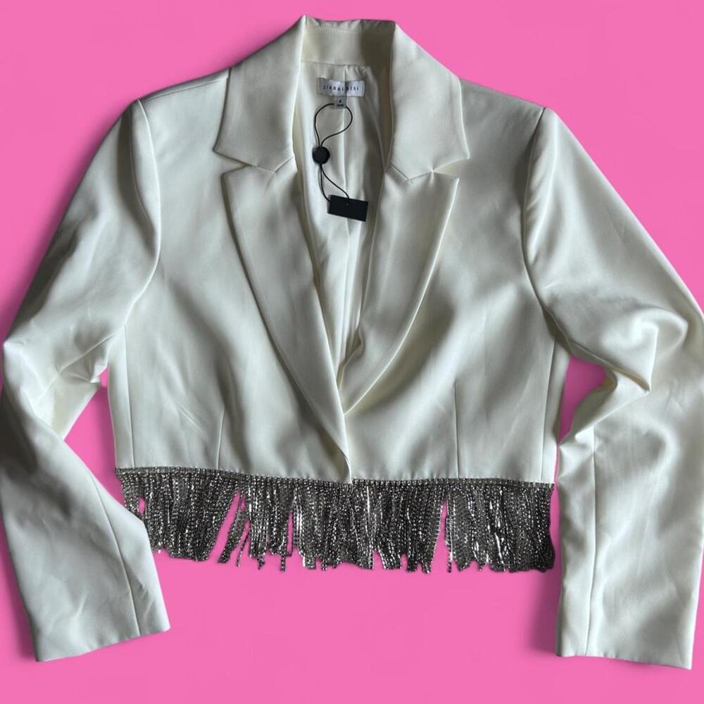 White rhinestone fringe cropped blazer